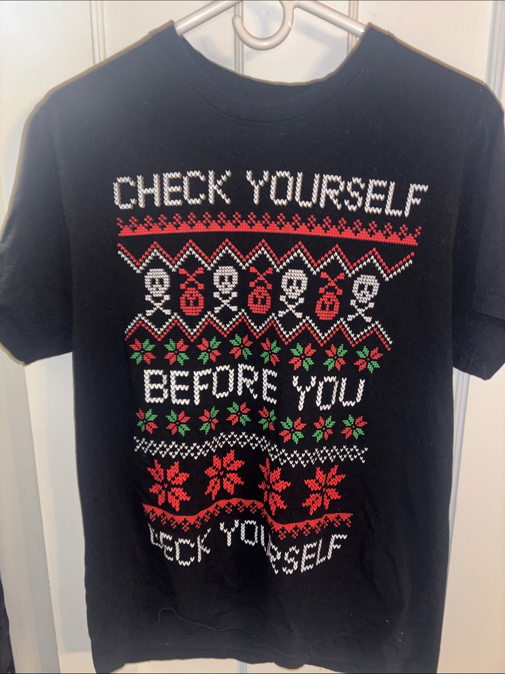 Unisex Black Holiday Graphic Tee "Check Yourself"